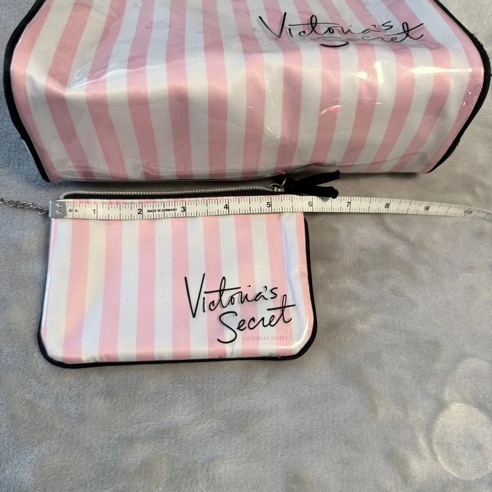 Victoria's Secret Pink White Stripe Cosmetic Makeup Bag Keychain Pouch Set